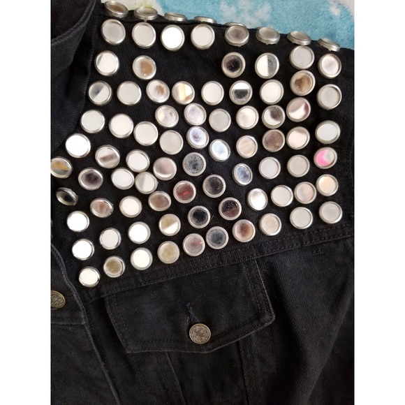 Vintage 80s PUNK Atomic Space Age MOD Black Denim Jacket Studded w/Mirrors wOw! - Picture 10 of 14